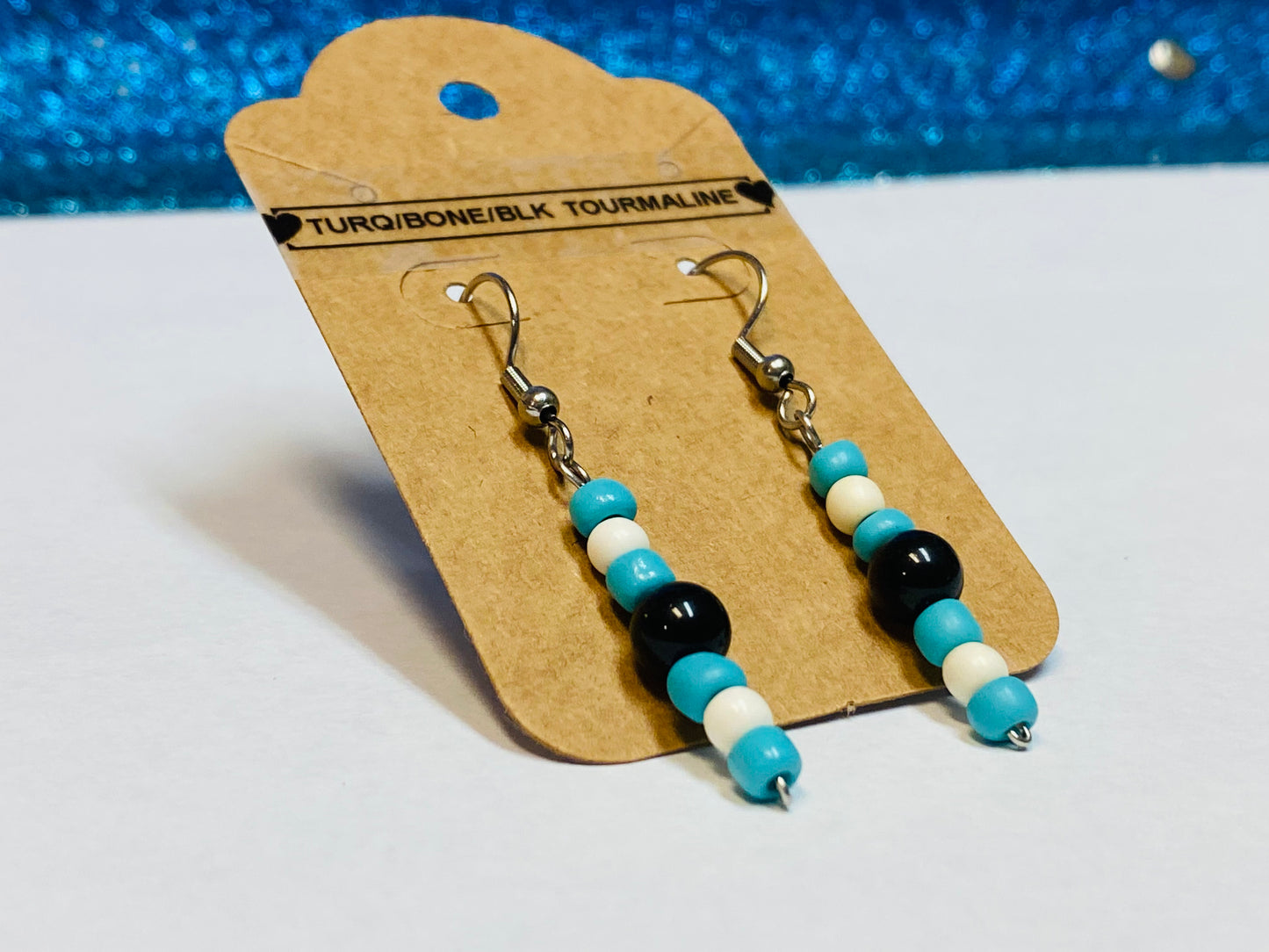 Turquoise, Bone, and Black Tourmaline Earrings