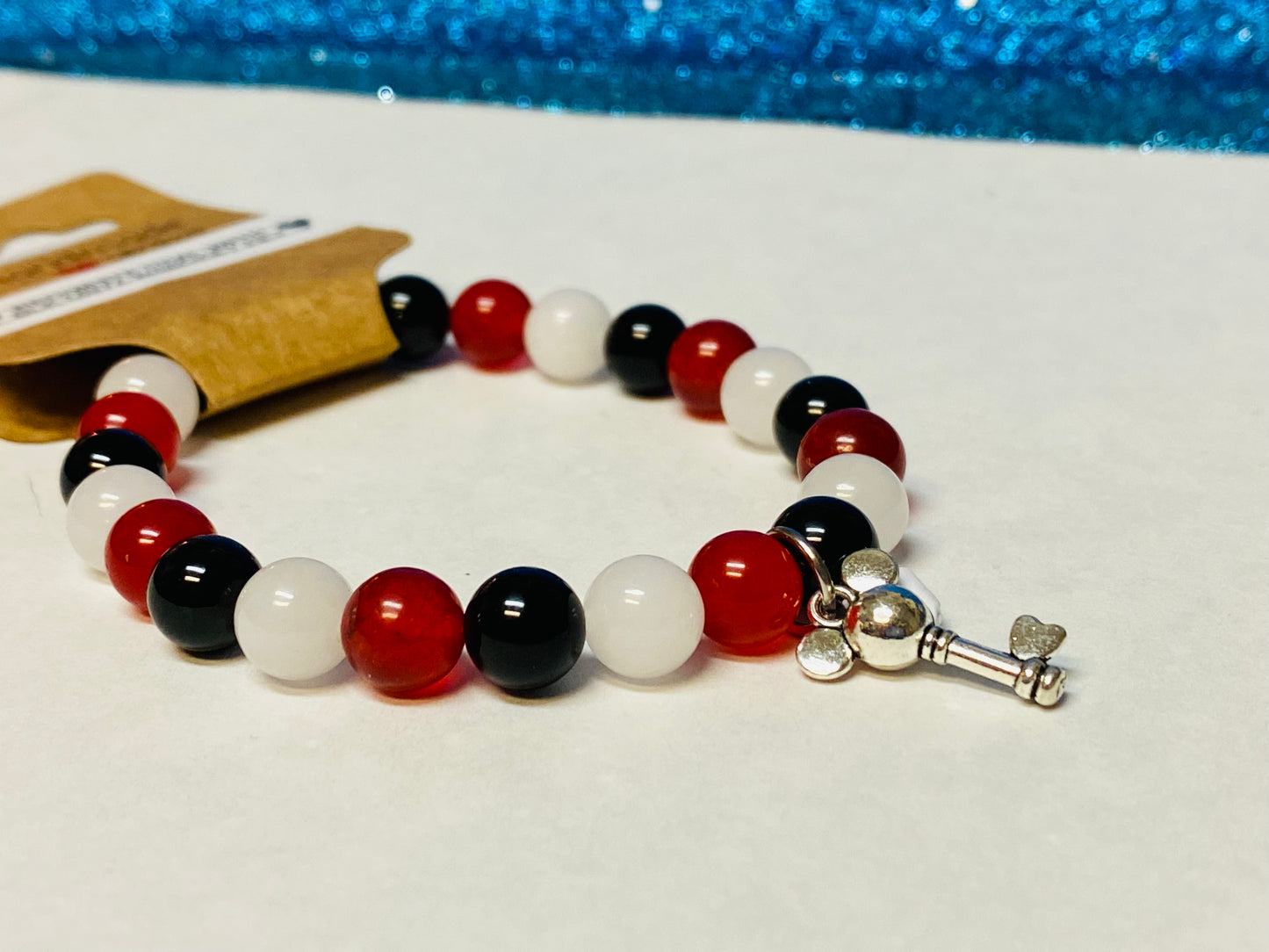 Mickey Mouse Key Red and White Chalcedony with Black Onyx Charm Bracelet