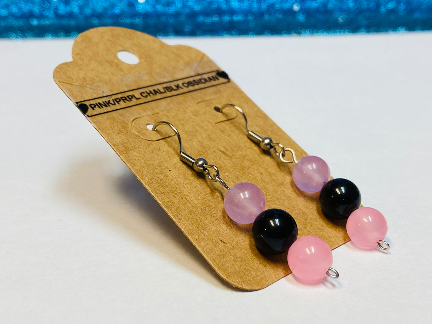 Pink & Purple Chalcedony and Black Obsidian Earrings