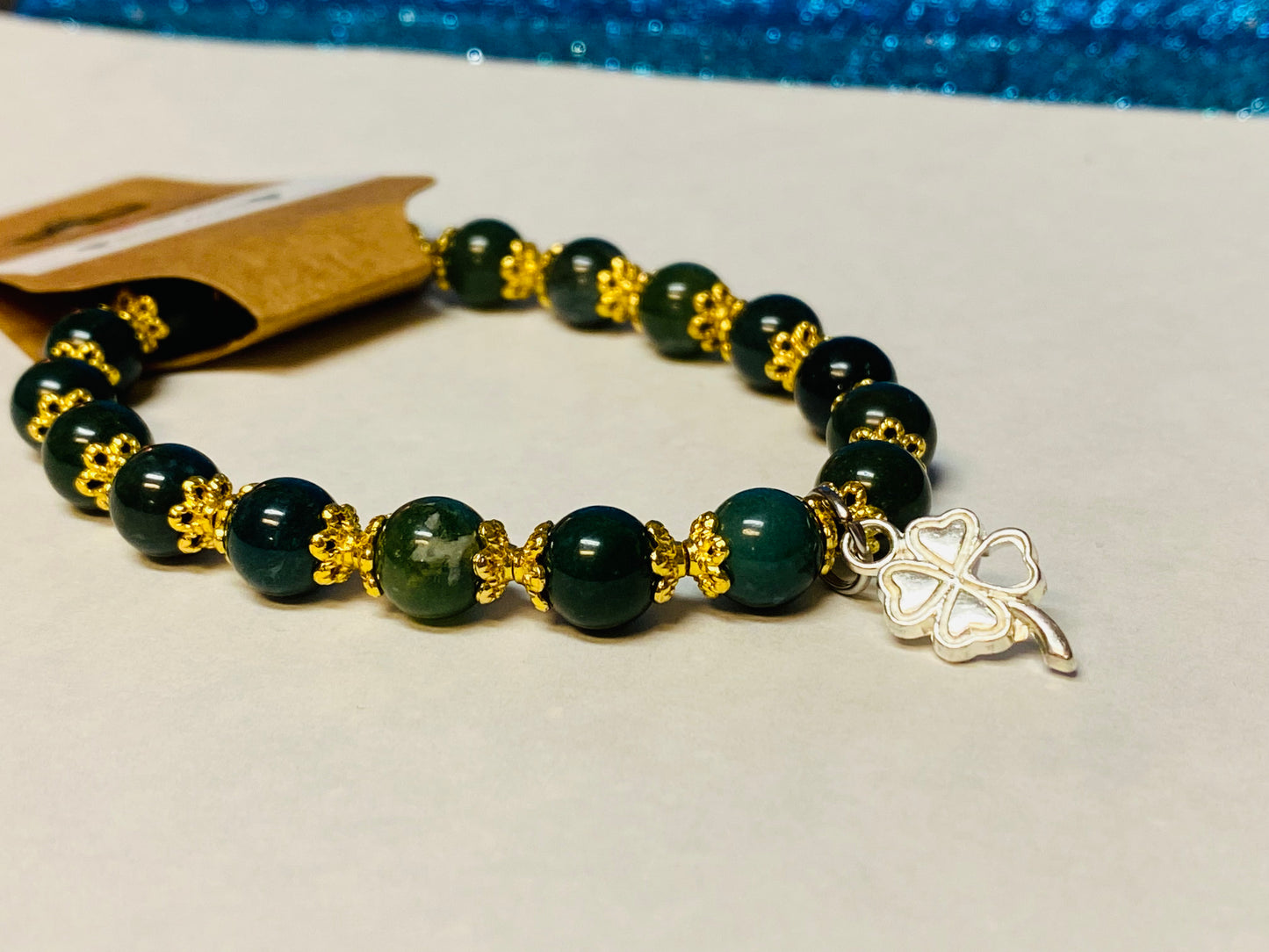4 Leaf Clover Moss Agate Charm Bracelet
