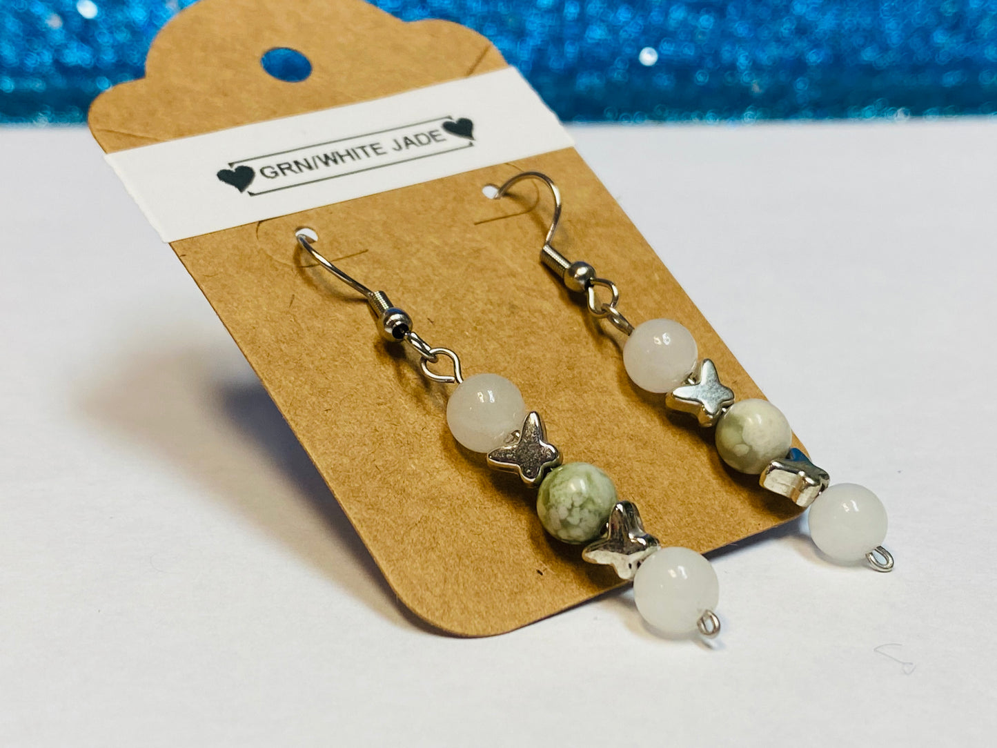 Green and White Jade Butterfly Earrings