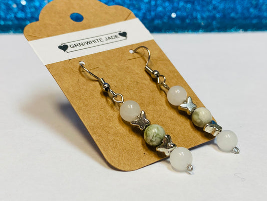 Green and White Jade Butterfly Earrings
