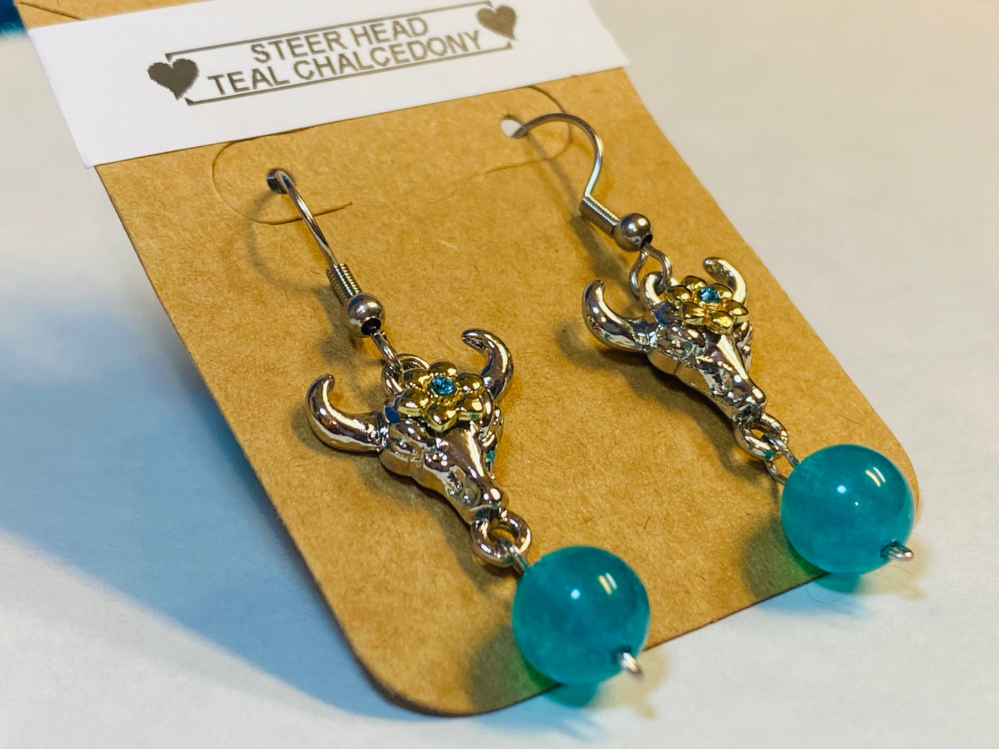 Steer Head Teal Chalcedony Earrings