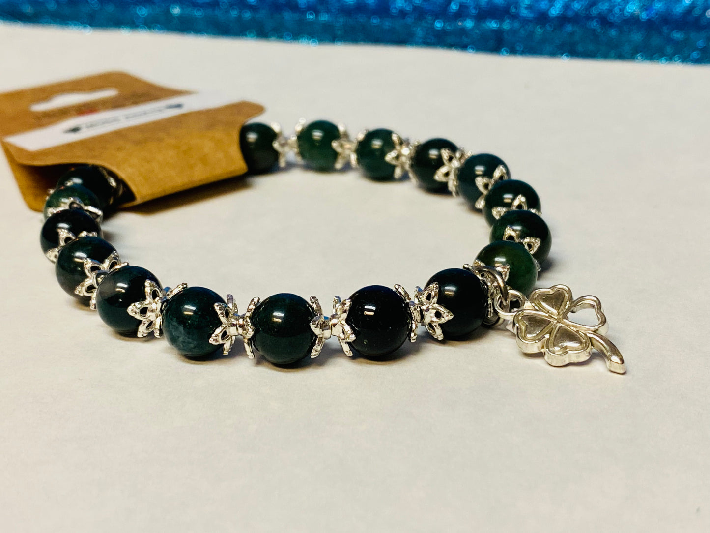 4 Leaf Clover Moss Agate Charm Bracelet