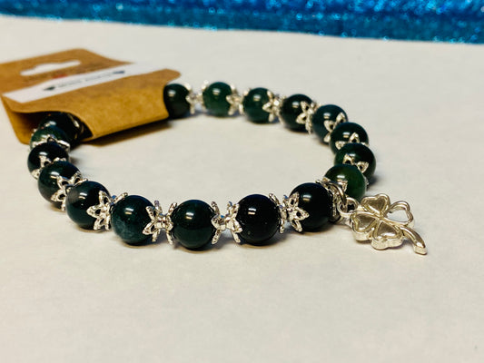 4 Leaf Clover Moss Agate Charm Bracelet