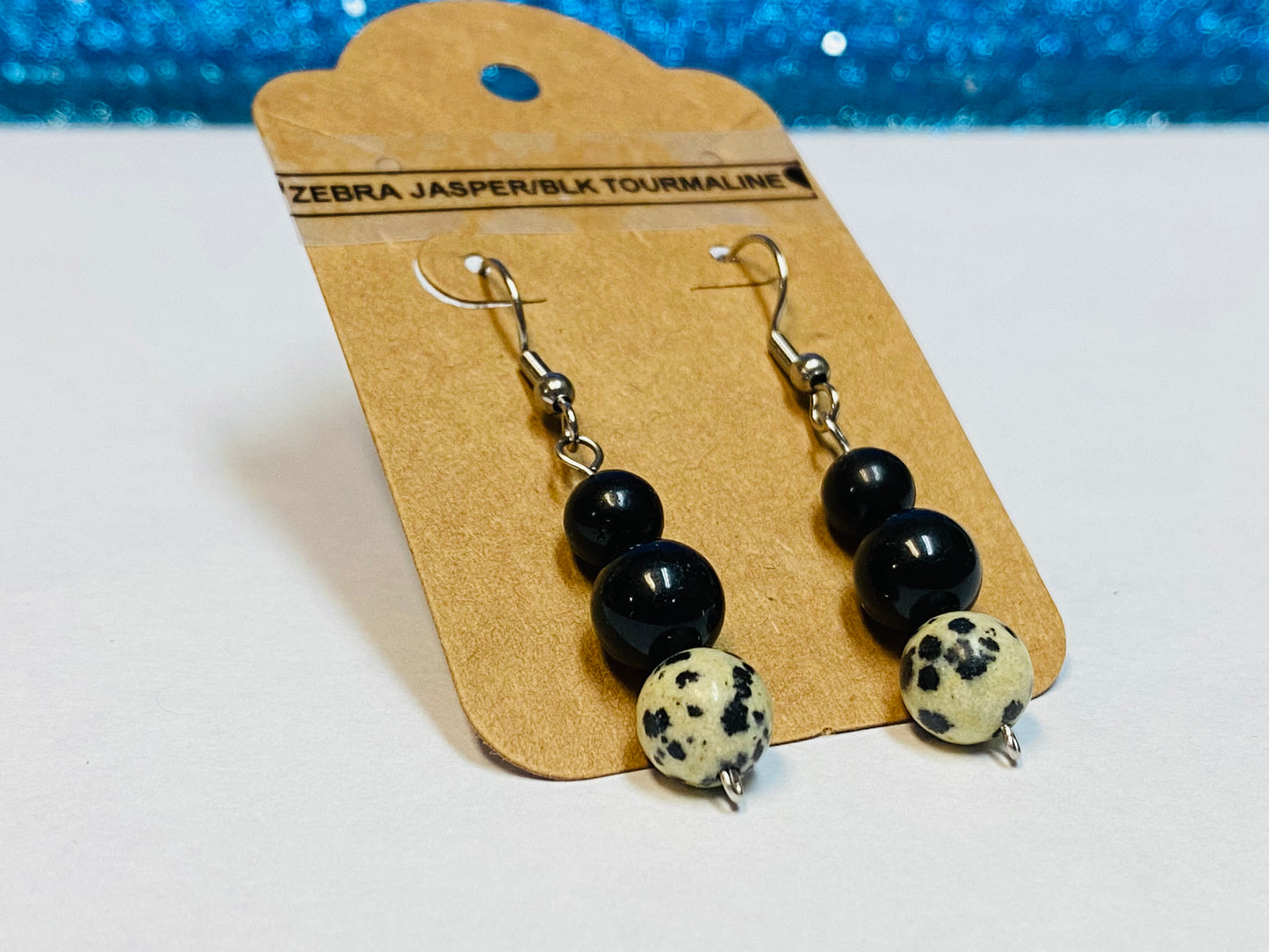 Dalmatian Jasper and Black Tourmaline Earrings