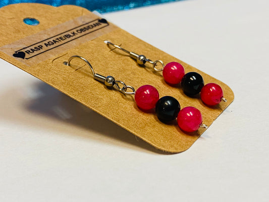 Raspberry Agate and Black Obsidian Earrings