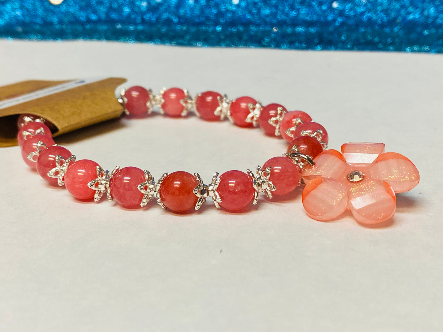 Pink Chalcedony Flower Charm Bracelet