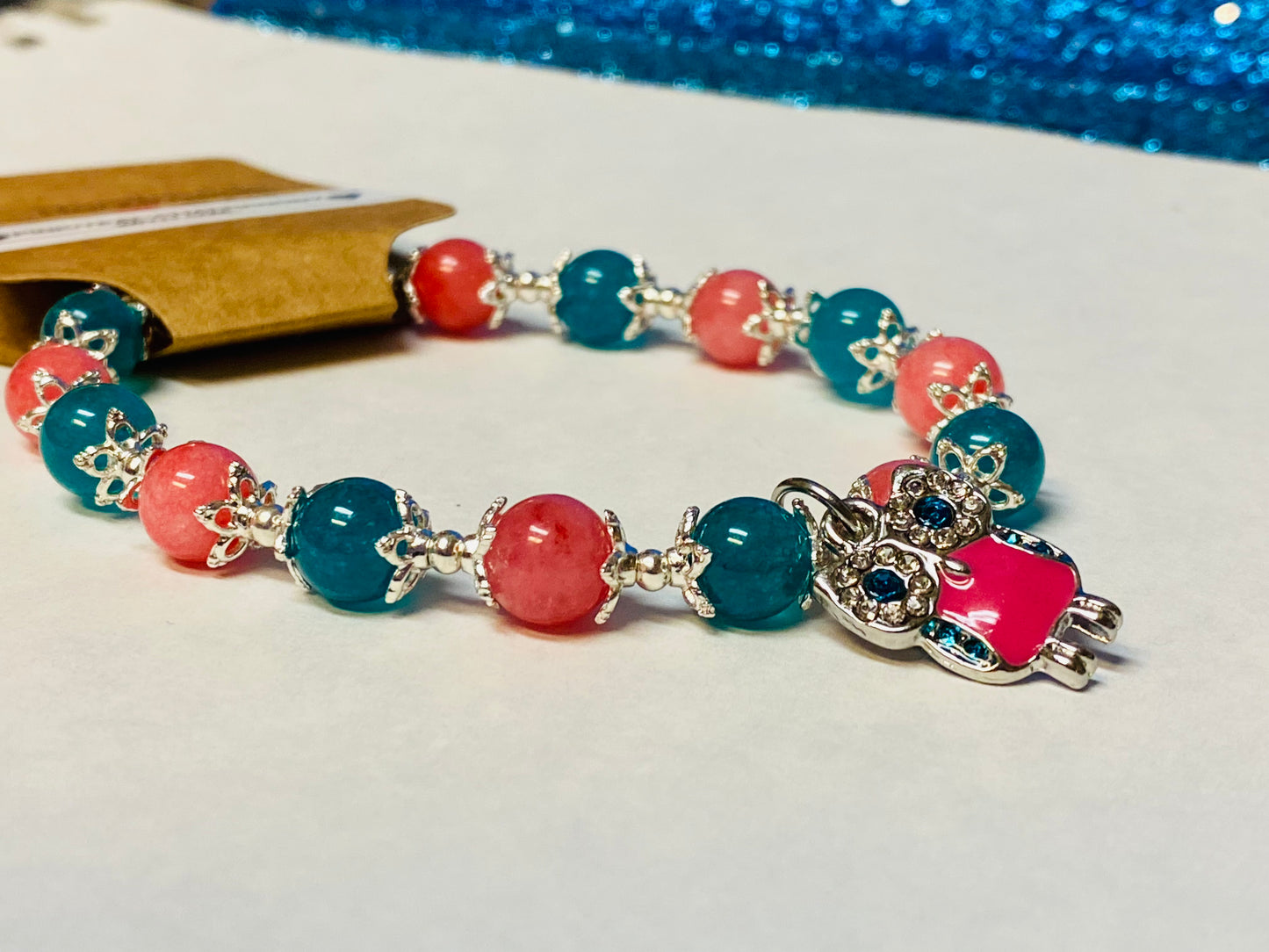 Owl Pink and Teal Chalcedony Charm Bracelet