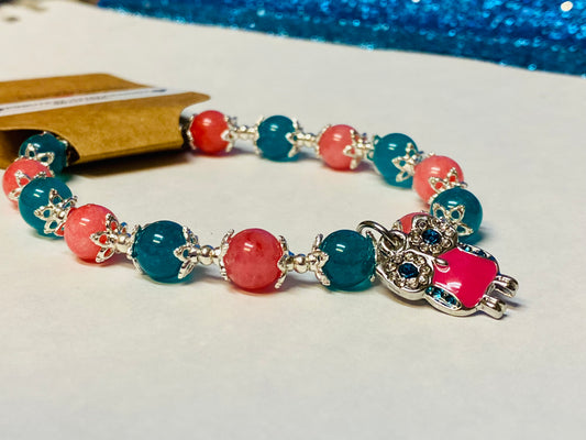 Owl Pink and Teal Chalcedony Charm Bracelet