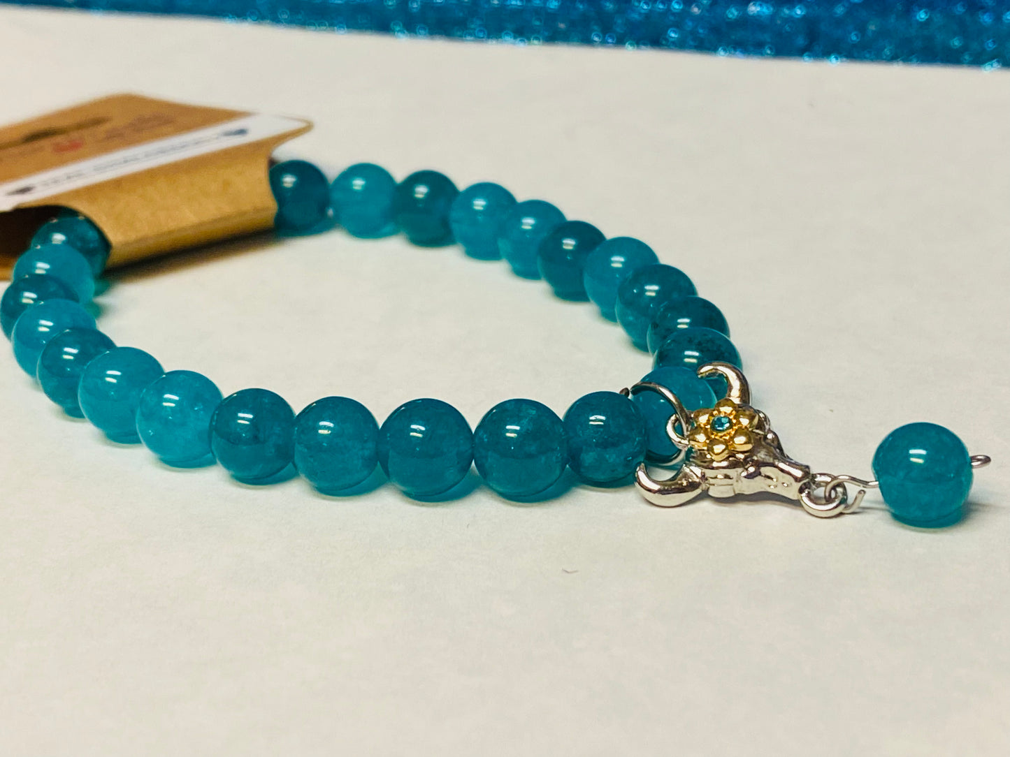 Steer Head Teal Chalcedony Charm Bracelet