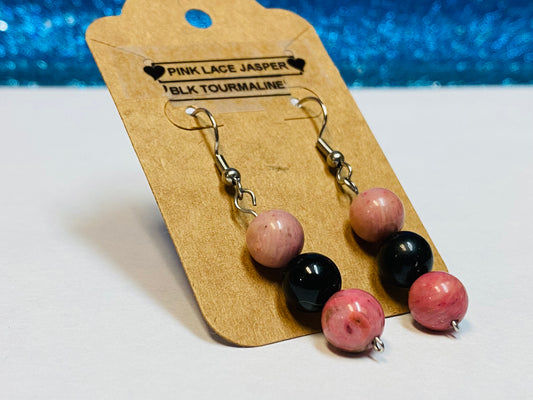 Pink Lace Jasper and Black Tourmaline Earrings